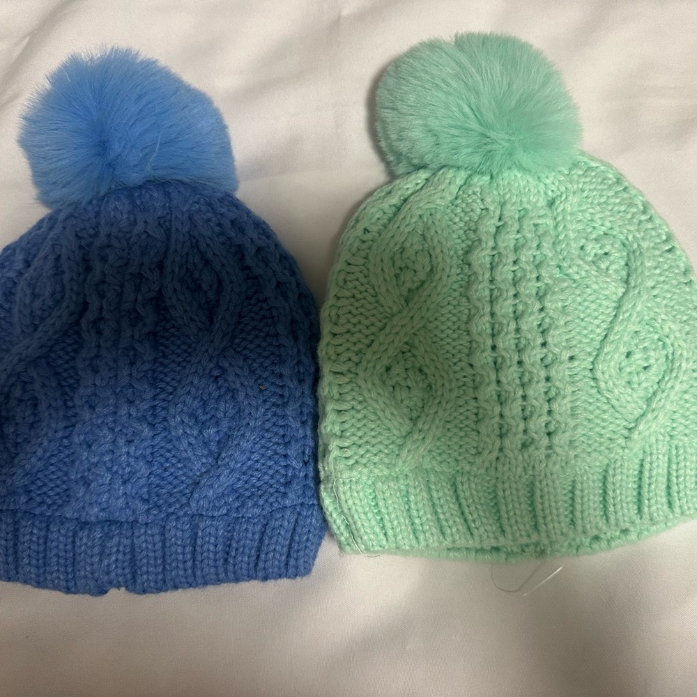 Cozy Blue and Green Knit Pom-Pom Beanies for Kids